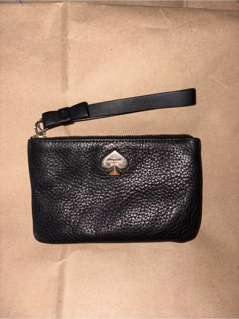 kate spade Black Pebbled Leather Wristlet with Gold Spade Accent
